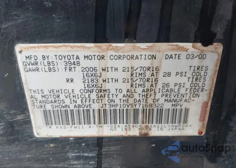 2000 Toyota Rav4 z USA, uszkodzony, nr VIN JT3HP10V5Y7168322